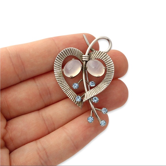 Vintage Van Dell Sterling Silver Heart Brooch Pin Faux Moonstone Blue Rhinestone - Picture 6 of 6